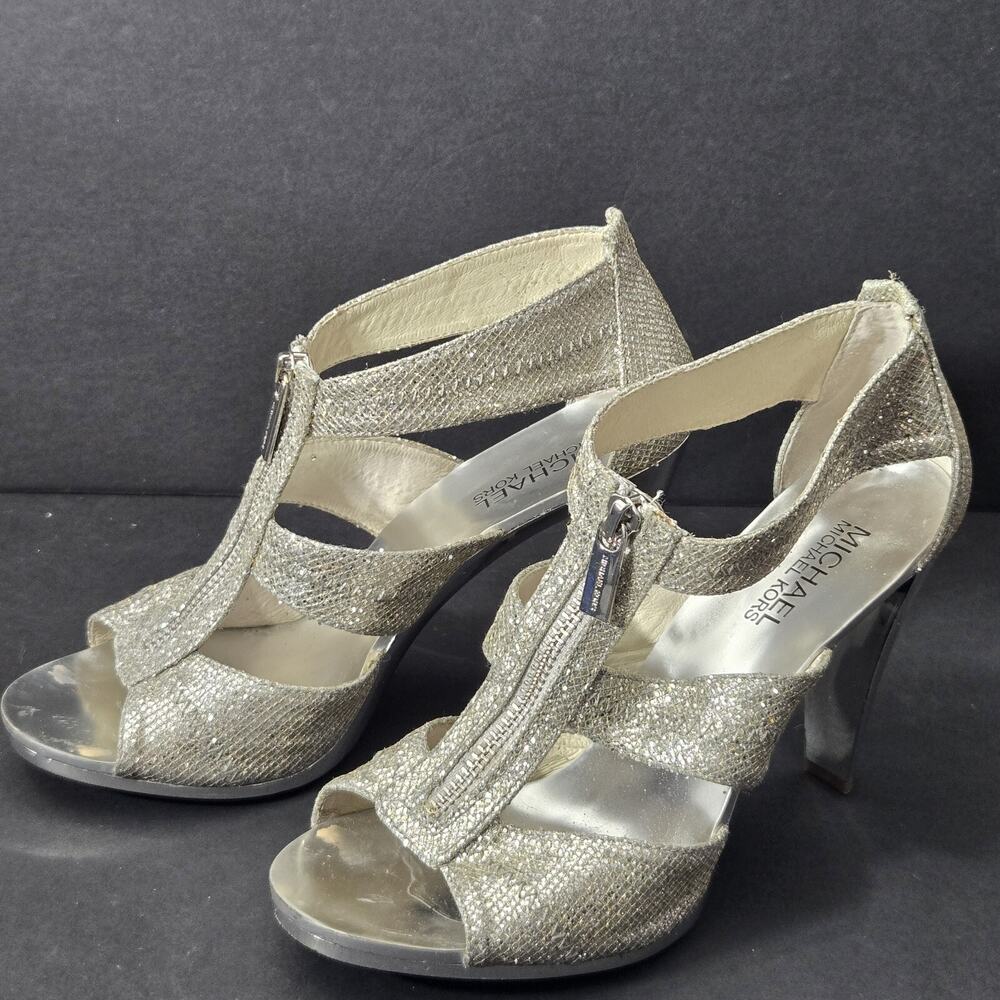 Michael Kors Women's Berkley Size 7.5 High Heel Silver Glitter Zip Sandal Shoes - Picture 5 of 16